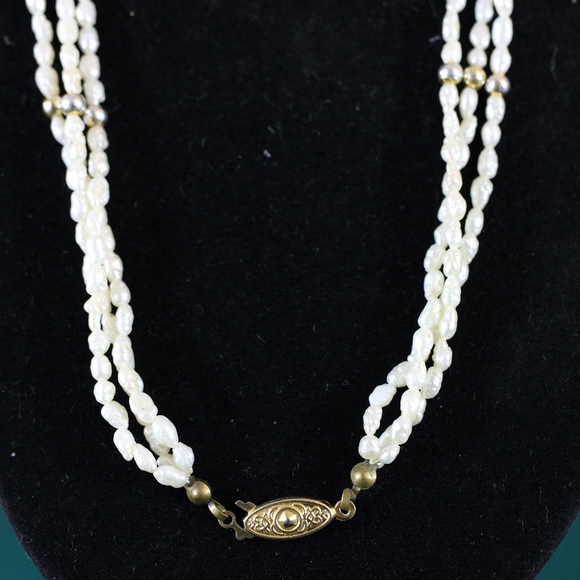 White Seed Pearl Gold Lapis Necklace Bracelet Set - Picture 3 of 8